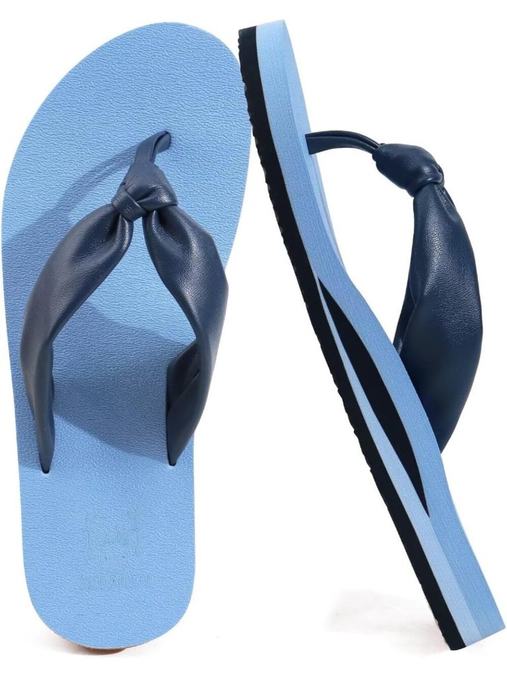 Women's Blue Faux Leather Summer Flip Flops With Arch Support Outdoor Slippers